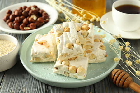 Concept of tasty food, nougat, close up