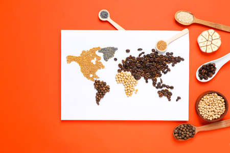 Map of world made from different cooking ingredientsの写真素材
