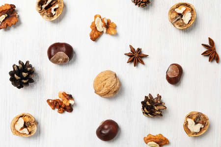 Concept of Autumn, Autumn composition accessories on white wooden backgroundの写真素材