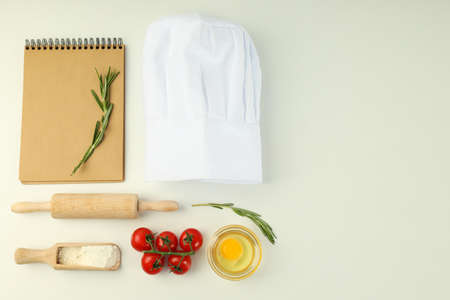 Composition with chef hat for concept of cooking, space for textの写真素材