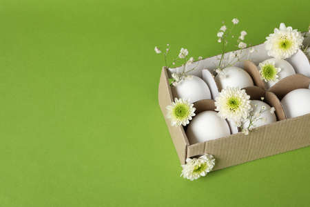 Concept of spring, eggs with flowers, space for text