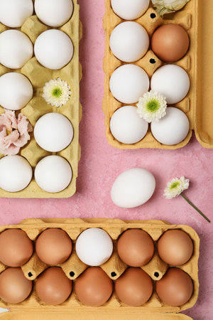 Concept of spring, eggs with flowers, top view