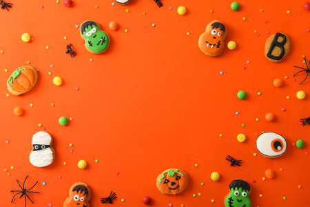 Concept of Halloween sweets, funny sweets, space for textの写真素材