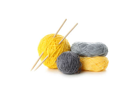 Knitting needles and yarn isolated on white backgroundの写真素材