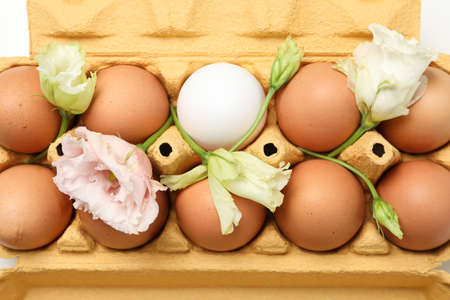 Concept of spring, eggs with flowers, top view