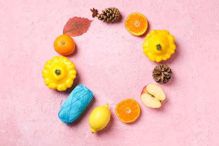 Concept of Autumn, Autumn composition accessories on pink textured background