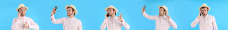 Set of photo of young man on blue background