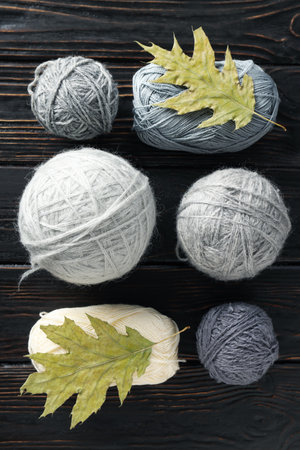Concept of cozy and relax hobby, knitting, top viewの写真素材