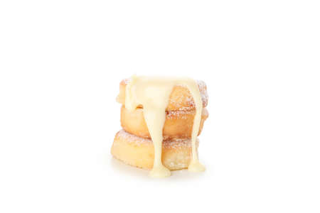 Concept of tasty sweet food, cheese pancakes, isolated on white background