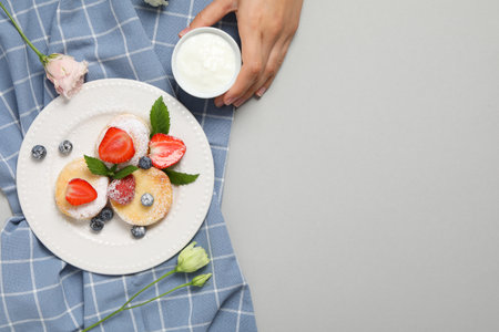 Concept of tasty sweet food, cheese pancakes, space for textの写真素材