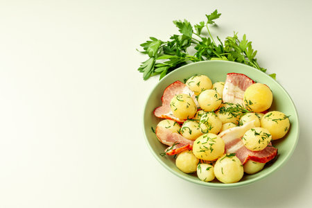 Concept of tasty food with boiled young potatoes, space for textの写真素材