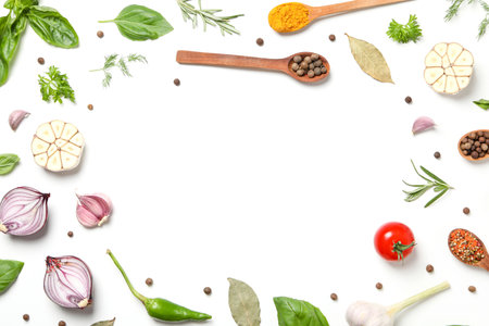 Concept of cooking, different spices, space for textの写真素材