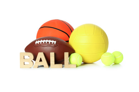 Word Ball and different balls isolated on white backgroundの写真素材