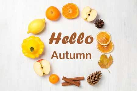 Concept of Hello Autumn, composition with text Hello Autumnの写真素材