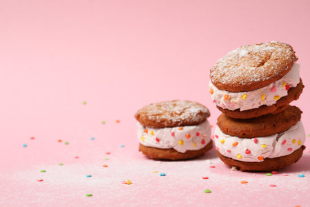 Concept of sweet food, cookies with ice cream, space for text