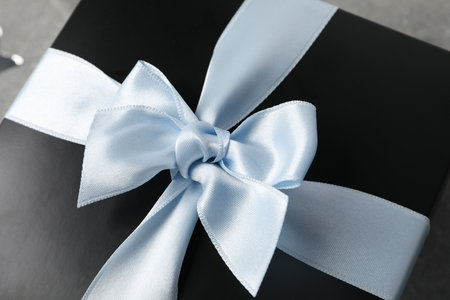 Concept of gift, black gift box, close upの写真素材