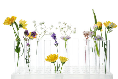 Concept of biology research, test tubes and flowers isolated on white backgroundの写真素材