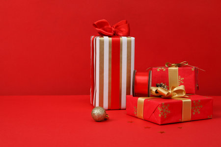 Concept of beautiful Christmas present, gift boxesの写真素材
