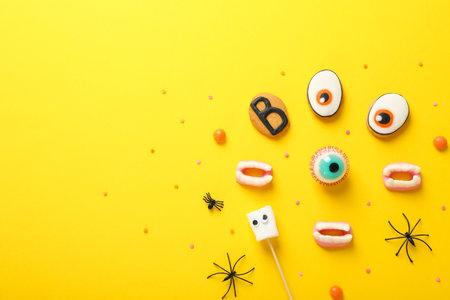 Concept of Halloween sweets, funny sweets, space for textの写真素材