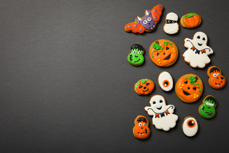 Concept of Halloween sweets, funny sweets, space for textの写真素材
