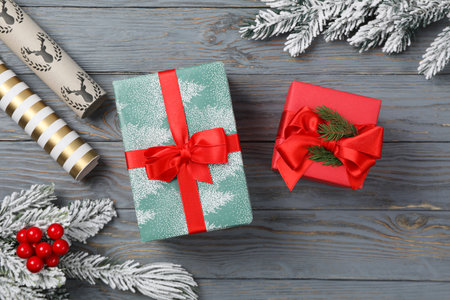 Concept of Christmas present, gift boxes, top viewの写真素材