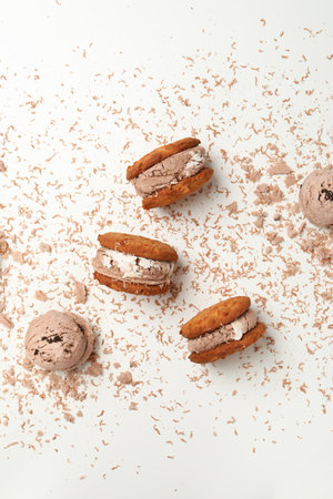 Concept of sweet food, cookies with ice cream, top viewの写真素材