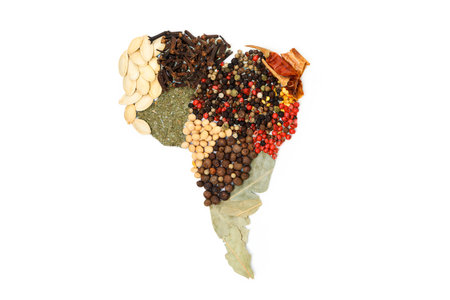 Map of South America made from different kinds of spices, isolated on white backgroundの写真素材