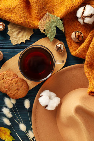 Concept of Hygge, warm and cozy composition, top viewの写真素材