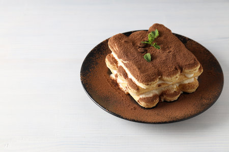 Concept of sweet food, Tiramisu cake, space for textの写真素材