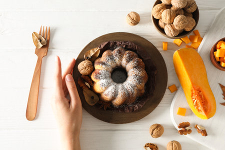 Concept of Autumn vibe food, Pumpkin cake, top viewの写真素材