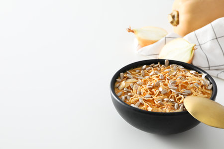 Concept of Autumn vibe food, Pumpkin porridge, space for textの写真素材