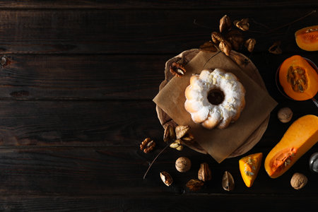 Concept of Autumn vibe food, Pumpkin cake, space for textの写真素材