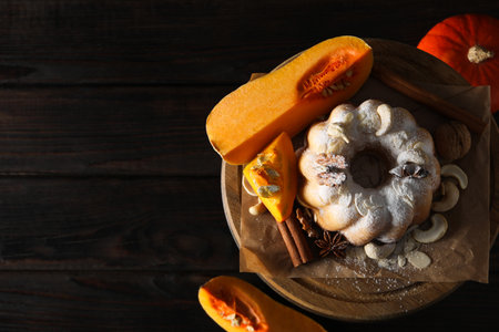 Concept of Autumn vibe food, Pumpkin cake, space for textの写真素材