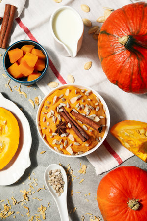 Concept of Autumn vibe food, Pumpkin porridge, top viewの写真素材