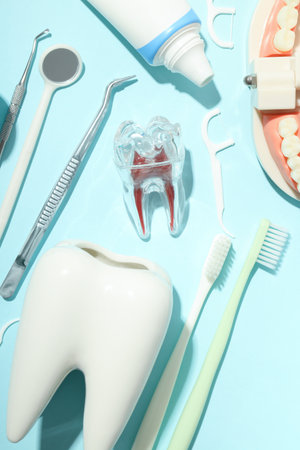 Concept of tooth treatment and dental care, top viewの写真素材