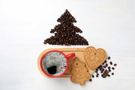 Concept of Christmas and Happy New Year, Christmas coffee, top viewの写真素材