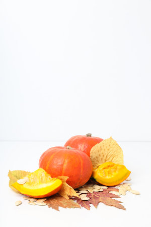 Concept of Autumn vibe food, Pumpkin, Pumpkin seeds, space for textの写真素材