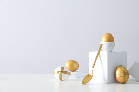 Concept of Richness, golden eggs, space for textの写真素材