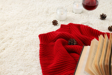 Concept of Hygge, warm and cozy composition, space for textの写真素材