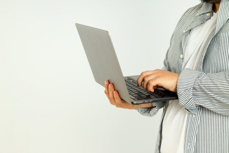 Concept of people, young fat man with laptop, space for textの写真素材