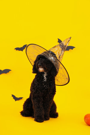 Concept of Halloween, Dog and Halloween accessories on yellow backgroundの写真素材