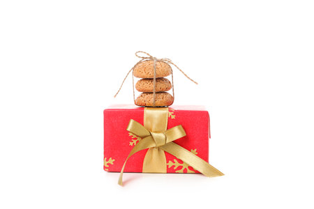 Concept of tasty Dutch Christmas cookies, Pepernoten, isolated on white backgroundの写真素材