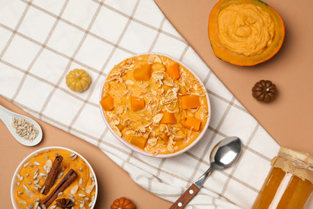 Concept of Autumn vibe food, Pumpkin porridge, top viewの写真素材