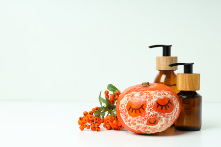 Concept of different cosmetic products, Pumpkin cosmetics, space for textの写真素材