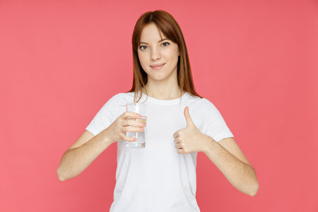 Concept of people, girl with glass of water on pink background
