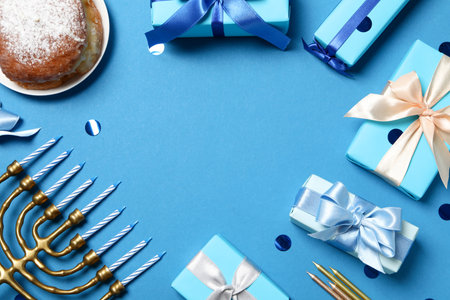 Concept of Jewish holiday, Hanukkah, space for textの写真素材