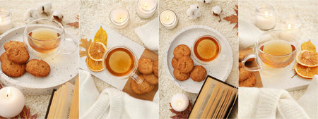 Collage of photos with Autumn season cozy breakfastの写真素材