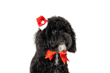 Christmas decorated dog isolated on white backgroundの写真素材