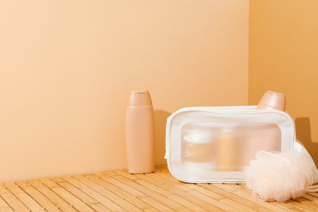 Bath accessories, toilet bag, space for textの写真素材