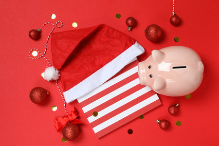 Concept of Christmas finance with piggy bank, top viewの写真素材